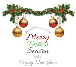 A festive greeting card featuring text wishing a merry festive season & a happy new year